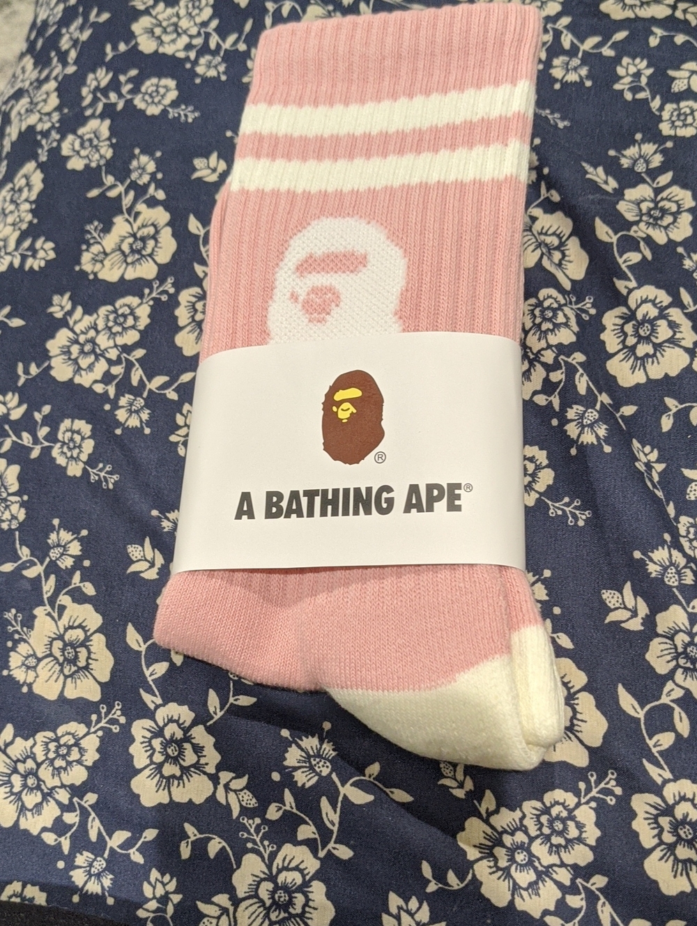 A Bathing Ape Pink & White Logo Crew Socks